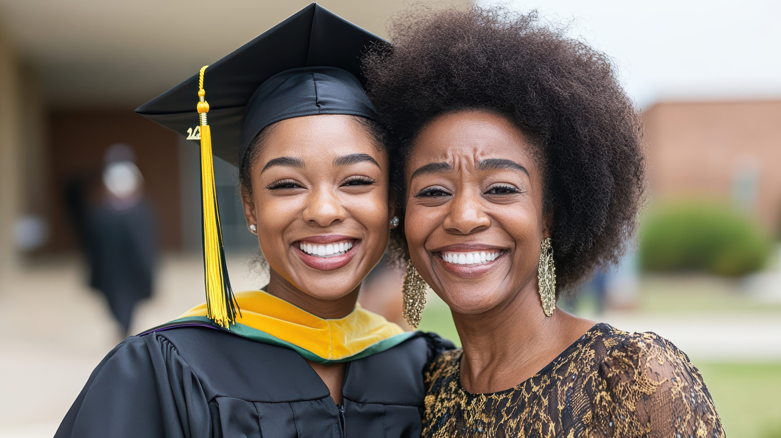 A proud graduate smiling with their parent, celebrating significant achievement together